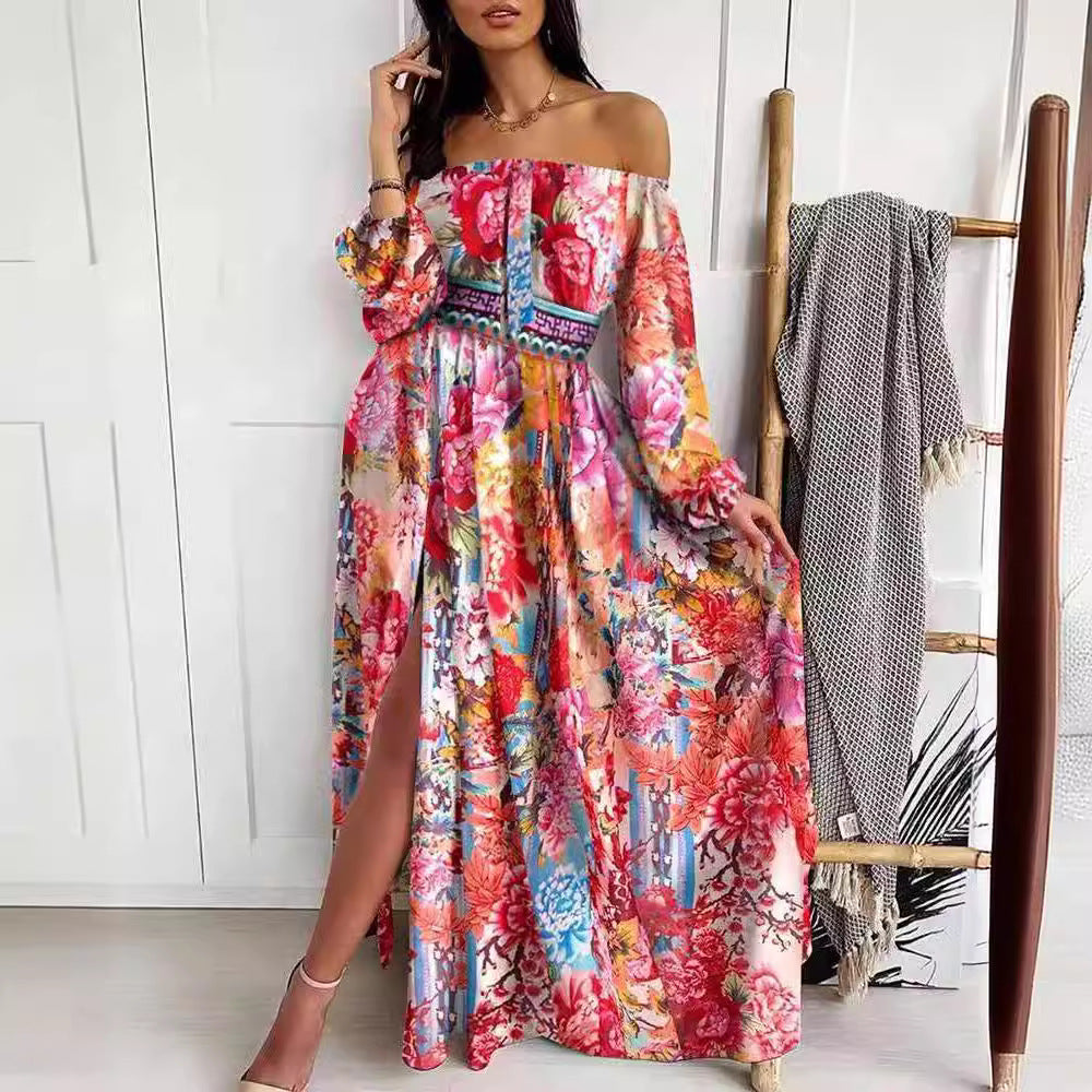 FLOWERSVERSE 2025 New 2025 summer women's dress round neck temperament commuting elastic waist casual pendulum printed skirt