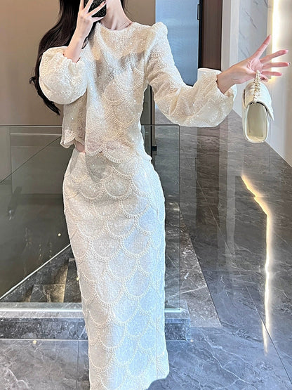 2025 early spring  celebrity heavy industry sequined small fragrant lace top skirt two-piece set