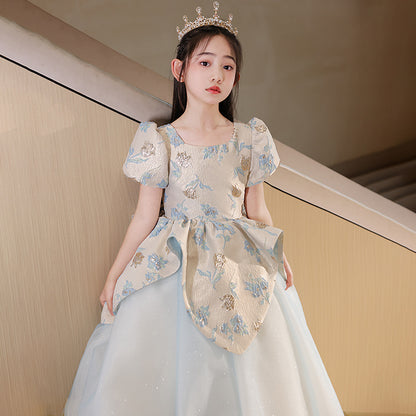 flowersverse Girls' Dress High-End Affordable Luxury Summer Princess Dress Blue Children's Little Host Piano Performance Costume