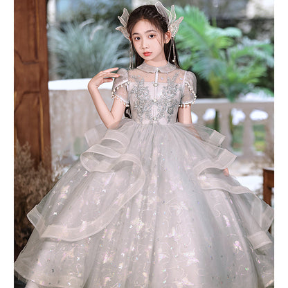 flowersverse Girls' Dress Light Luxury Minority High-End Ten Years Old Birthday Girl Princess Dress Children's Host Western Style Piano Performance