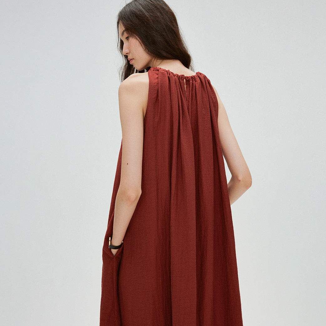 Angola Red Linen Design Sense Dress Holiday Neck Drawstring Ribbon Splicing Swing Skirt B0802