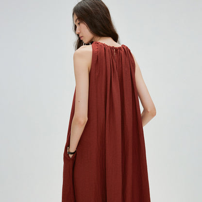 Angola Red Linen Design Sense Dress Holiday Neck Drawstring Ribbon Splicing Swing Skirt B0802