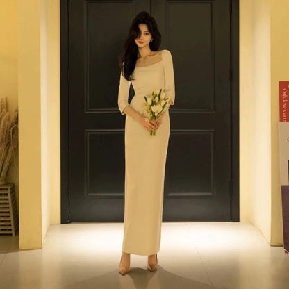 2025 satin long-sleeved light wedding dress  new bridal temperament retro welcome door dress waist fishtail dress