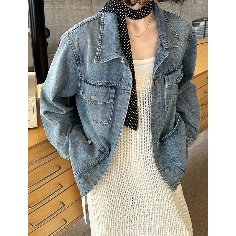 2025  spring new Korean version design sense washed denim lapel breasted casual loose jacket top 3170