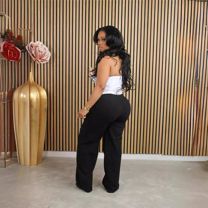 FLOWERSVERSE  D88228 European and American Women's Clothing   Hot Sale Corduroy Multi-Pocket Drawstring Elastic Waist Straight Cargo Pants