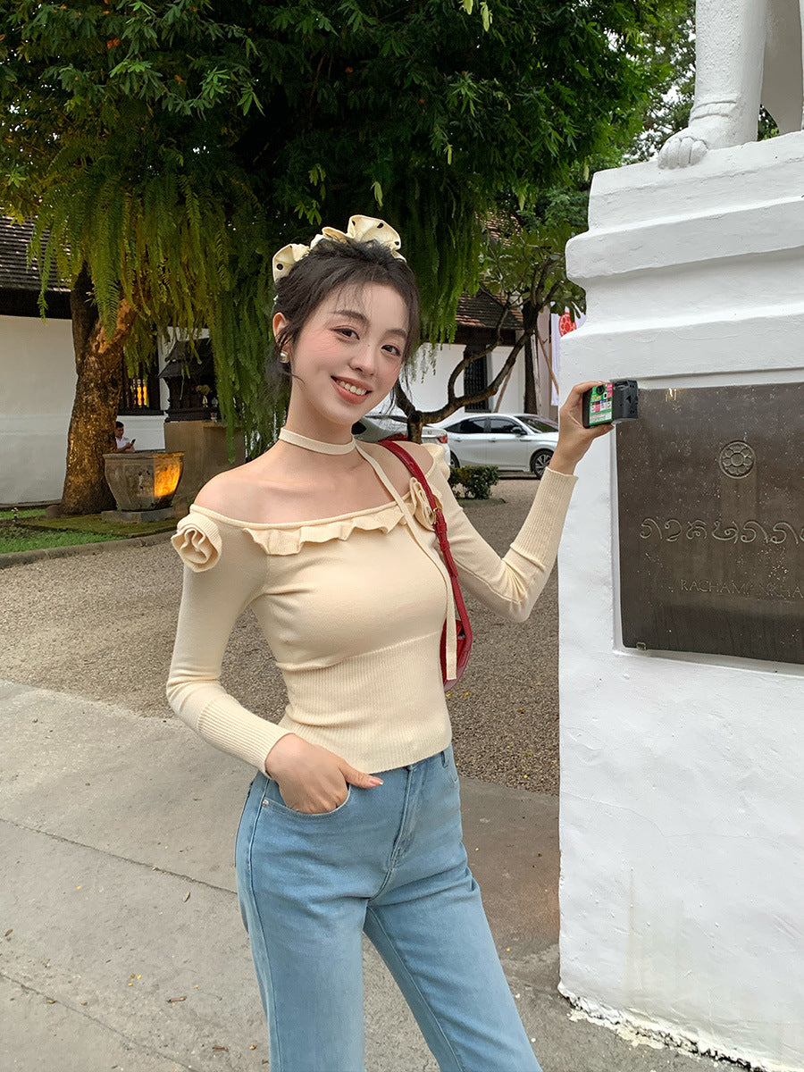 2025 Thirteen Lines  Spring New One-Neck Three-dimensional Flower ins Slim-fit Knitted Sweater Sweater 25208