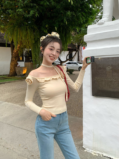 2025 Thirteen Lines  Spring New One-Neck Three-dimensional Flower ins Slim-fit Knitted Sweater Sweater 25208