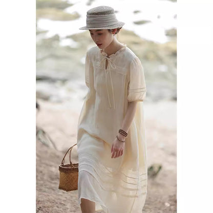 2025 summer  fairy large size long dress yarn thin man JI fine natural ramie lace dress A0436