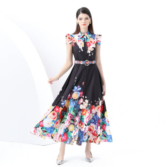 spring new retro court style small flying sleeves waist lapel single-breasted cardigan printed long dress