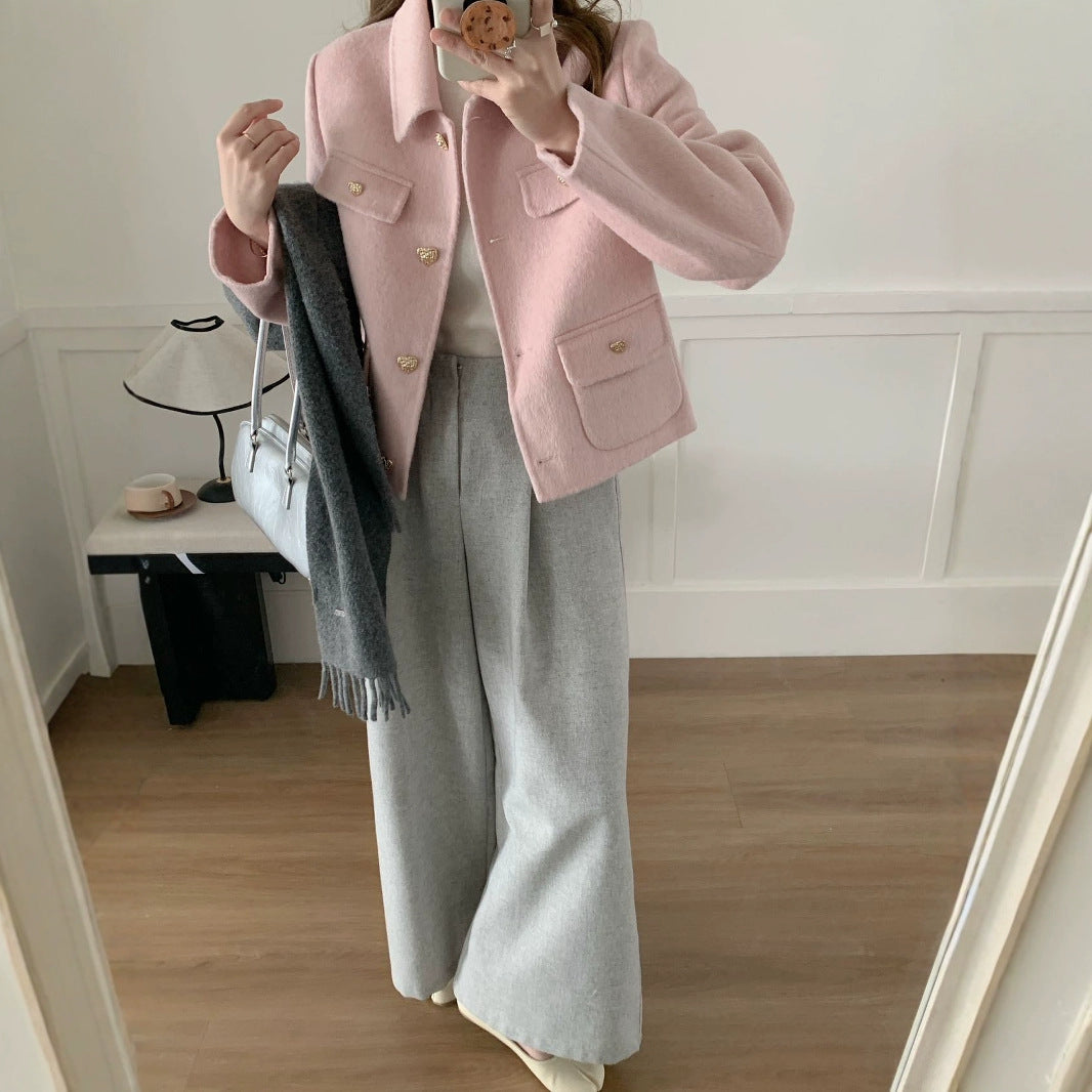 2025 Xiaoxiangfeng solid color lapel single-breasted short double-sided wool coat woolen jacket high-end women's metal buttons