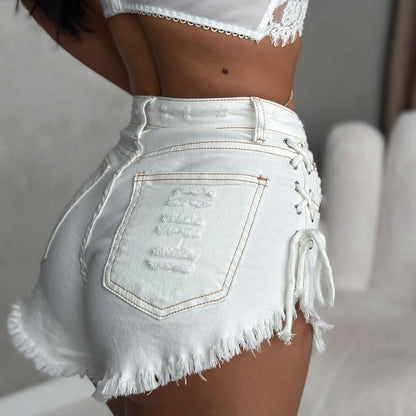 popular new high waist strap design sense slim body lift hip rough edge thin Spice girl denim shorts wholesale