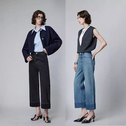 2025 popular Nanyou Women's High Waist Micro-elastic Jeans Flip Foot Straight Nine-Point Pants Exquisite Large Straight Through Jeans Women