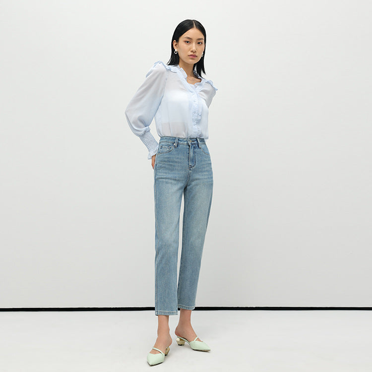 2025 Summer new high-waisted four-sided universal elastic simple thin and high jeans women's nine-point pants straight jeans