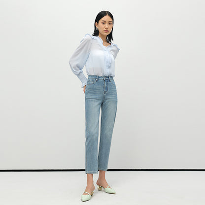 2025 Summer new high-waisted four-sided universal elastic simple thin and high jeans women's nine-point pants straight jeans