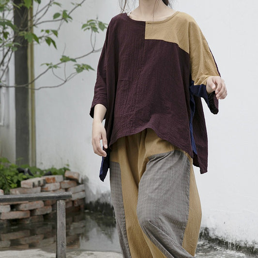design sense cotton and linen loose casual pants versatile pastoral homestay style patchwork wide-leg straight-leg pants
