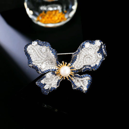 2025 New Heavy Industry Butterfly Brooch Gun Black Micro-inlaid Zirconium Coat Accessories Freshwater Beads Light Luxury Clothing Brooch Pin