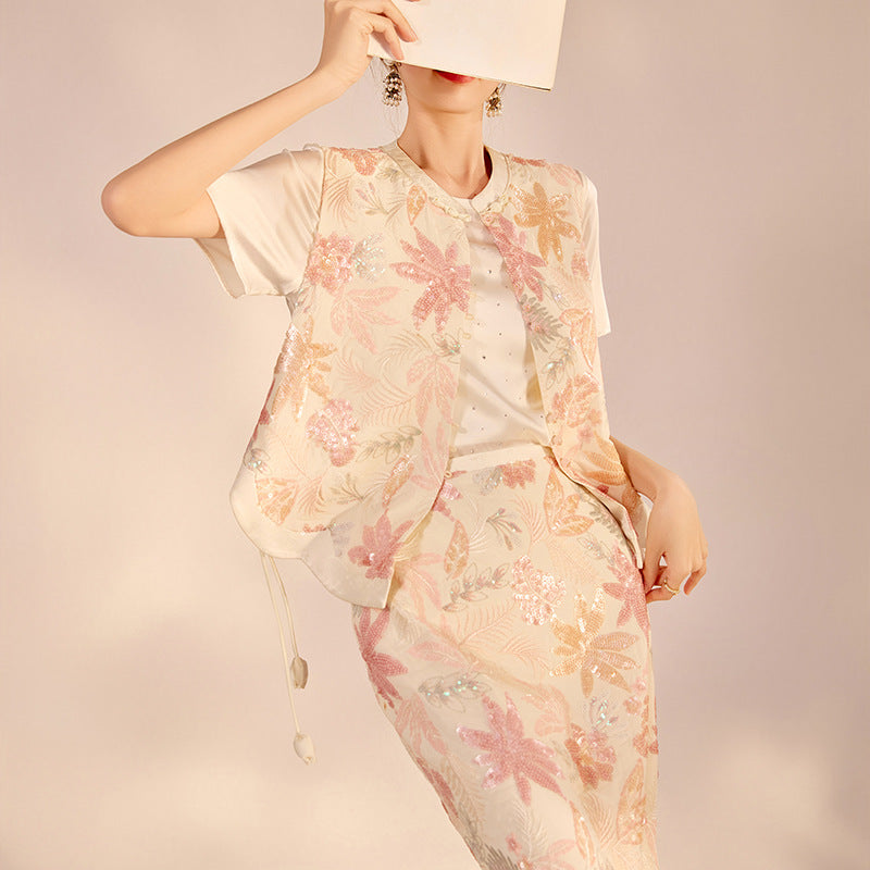 national style temperament heavy industry embroidery pink new Chinese tassel sequined vest skirt two-piece set female N3068