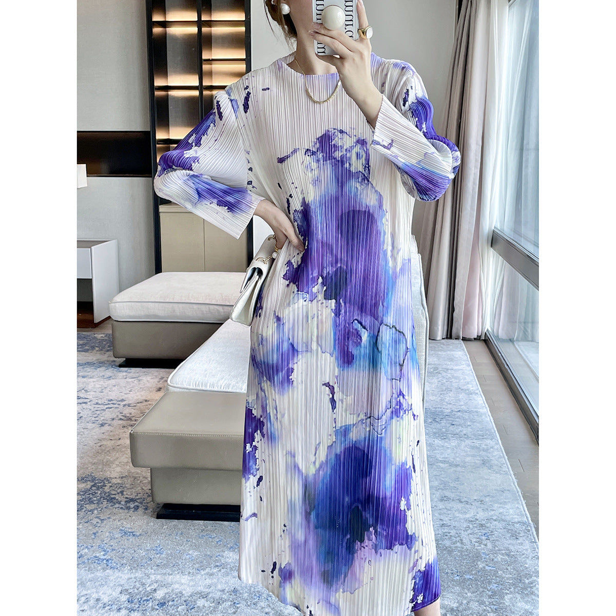 Miyake  autumn new ink abstract printing retro pleated dress femininity elegant and thin dress