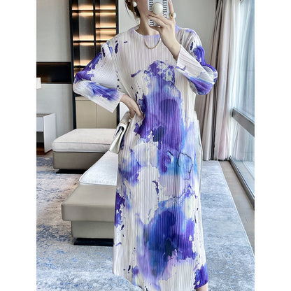 Miyake  autumn new ink abstract printing retro pleated dress femininity elegant and thin dress