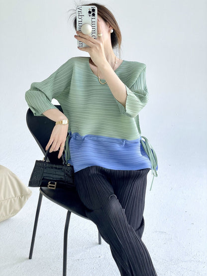 popular spring and summer new fashion color matching loose crew neck top femininity meat covering thin drawstring waist T-shirt