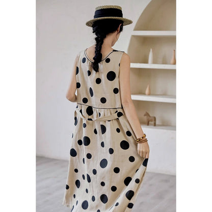 summer new large size loose long literary pendulum sleeveless temperament polka dot cotton and linen vest dress