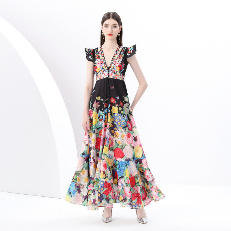 court style deep V-neck small flying sleeves waist thin single-breasted printing split-ended ruffle edge holiday dress