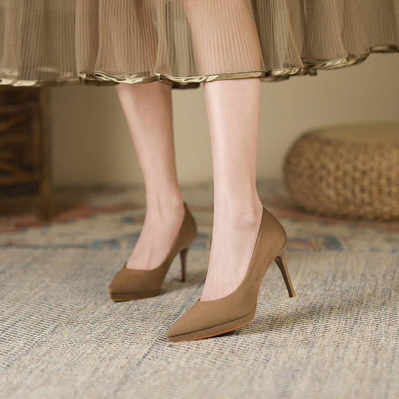 2025 8088-5 High heels for women's autumn suede, light mouth, thin heel, pointed single shoes, waterproof table, sexy solid color high heels for women