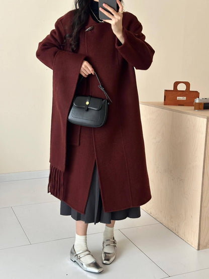 2025 Scarf collar, solid color horn buckle, one buckle, extended double-sided wool coat, woolen coat, women's warm autumn and winter