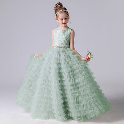 flowersverse Fairy Beautiful Cake Dress Girls' Dress Costume for Piano Performance Princess Style Dress Host Costume Summer Sleeveless