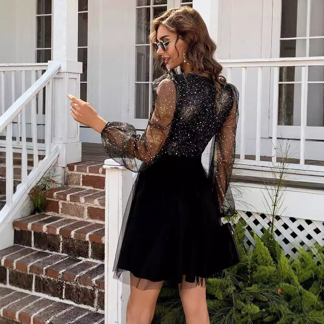 FLOWERSVERSE Trade independent station EABY mesh yarn, lantern long sleeve sexy deep V bronzing dress  2025 spring heat