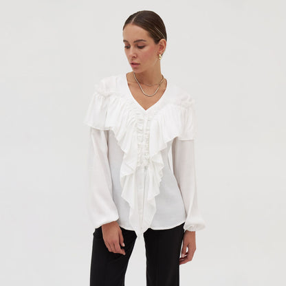 ruffle edge women's shirt slim-fitting V-neck long-sleeved workplace personalized white shirt women's high-end Popular trade model