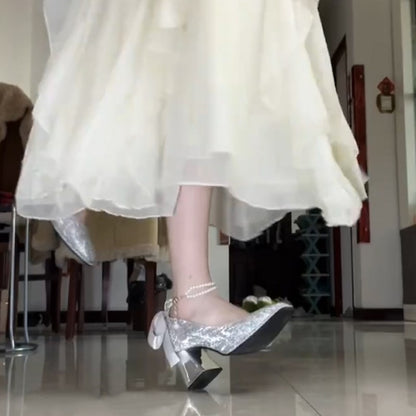 2025  silver dress high heels women's thick heel popular new 18-year-old bar mitzvah crystal main wedding dress bridal wedding shoes