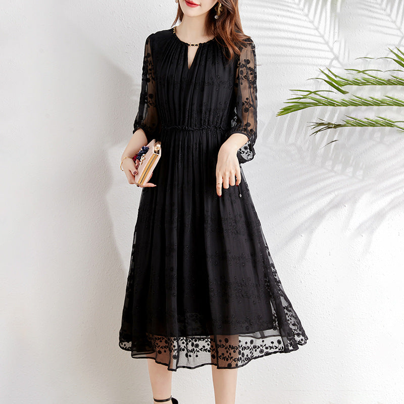 2025 Silk embroidery daughter wind skirt mulberry silk dress  white medium and long large size women's clothing summer