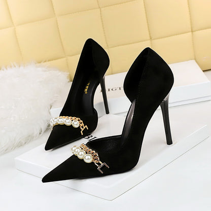 2025 8829-2  style banquet slim super high heel suede shallow mouth pointed pearl metal chain side hollow single shoe