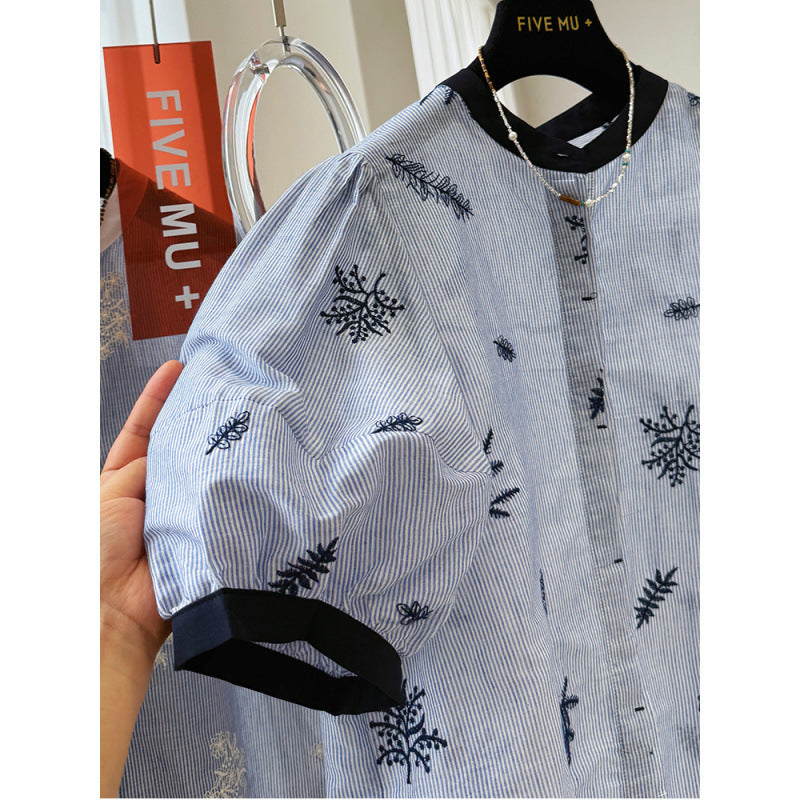Premium heavy industry embroidery contrasting striped round neck short-sleeved shirt women's summer thin temperament shirt bubble sleeve top