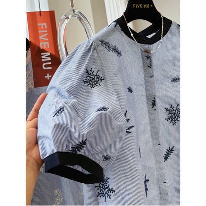 Premium heavy industry embroidery contrasting striped round neck short-sleeved shirt women's summer thin temperament shirt bubble sleeve top
