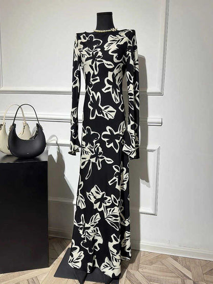 2025 retro socialite cold wind temperament long dress high-end printed dress long dress spring