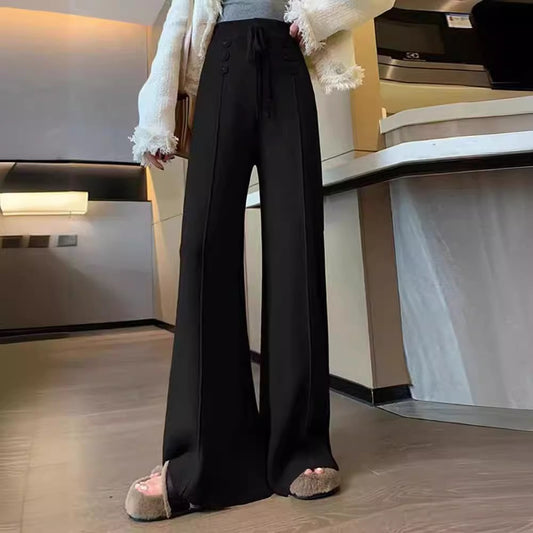 flowersverse White Pants for Women Early Spring and Autumn  New Glutinous Rice Pants High Waist Drooping Slimming Mopping Casual Knitted Wide-Leg Pants