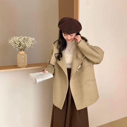 2025 Horn buckle solid color hooded single-breasted multi-buckle medium and long double-sided wool coat woolen jacket women's warm autumn and winter