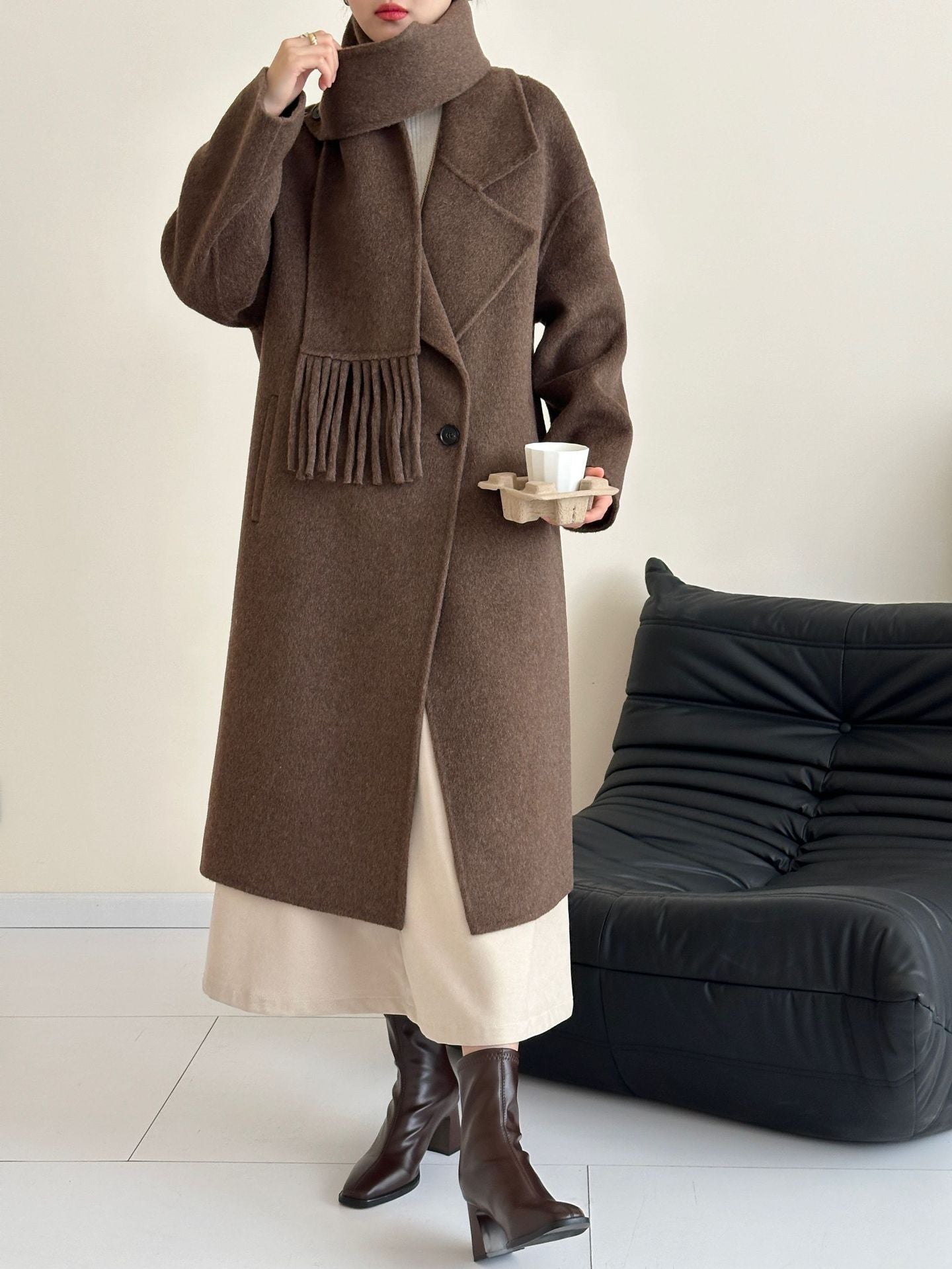 2025 Cashmere wool scarf, suit collar, single-breasted shoulder sleeves, extended double-sided woolen cashmere coat, autumn and winter.
