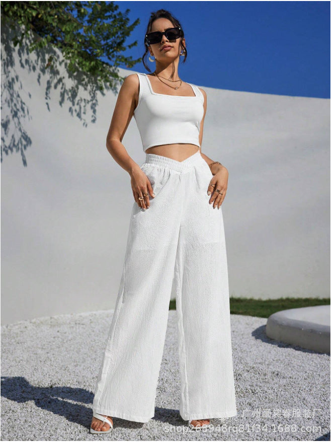 FLOWERSVERSE  Cross-Border Foreign Trade New European and American Solid Color Cross Waist Pleating Wide Leg Popular Women's Casual Pants