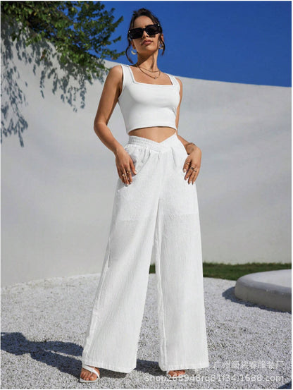 FLOWERSVERSE  Cross-Border Foreign Trade New European and American Solid Color Cross Waist Pleating Wide Leg Popular Women's Casual Pants