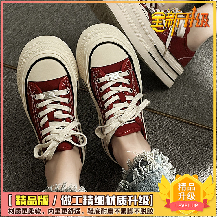 flowersverseWomen's Thick-Soled Canvas Shoes  Spring New Versatile Breathable Casual Shoes NEWn Retro Low-Top White Shoes