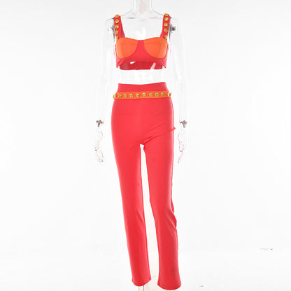 2025 New hot-selling  suit women's fashion two-piece set willow buckle suspender color matching tube top casual trousers