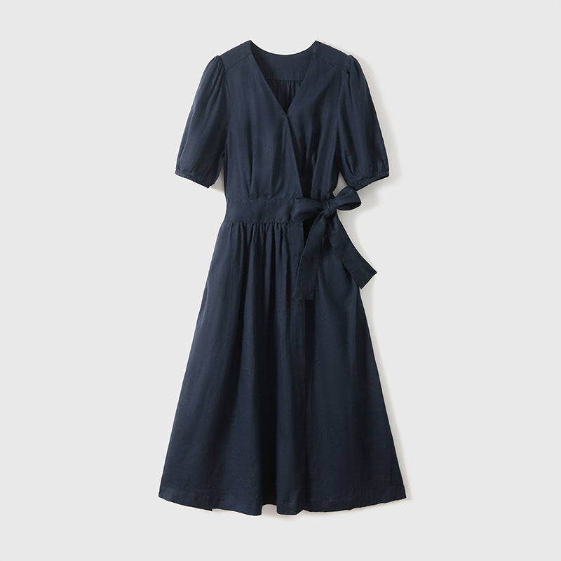 2025 Breathing 100% ramie wrap dress, Japanese casual bubble sleeves V-neck waist skirt women's summer