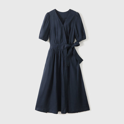 2025 Breathing 100% ramie wrap dress, Japanese casual bubble sleeves V-neck waist skirt women's summer