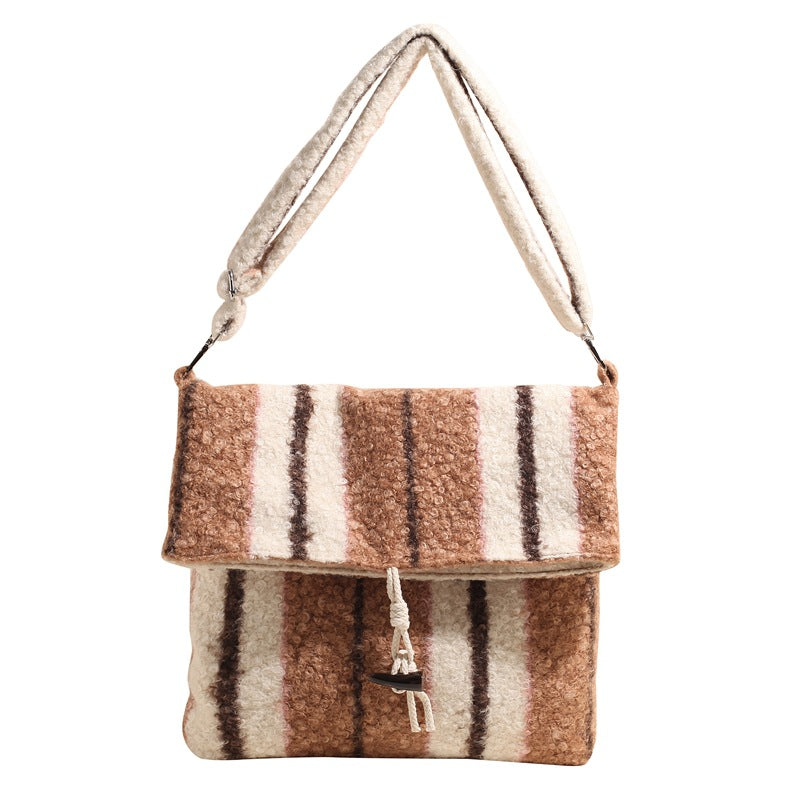 FLOWERSVERSE 2025 popular autumn and winter new striped woolen shoulder bag fashion lamb wool folding horn buckle Korean version fashion messenger bag