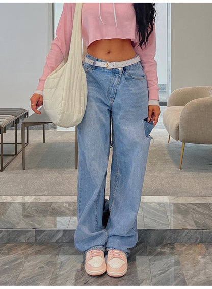 Popular,  and Popular trade New supply fashion slanted waist low waist ripped loose jeans women