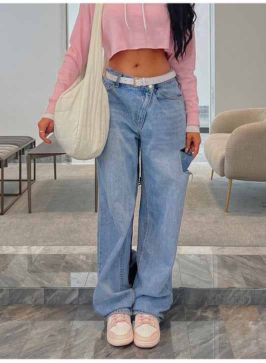 Popular,  and Popular trade New supply fashion slanted waist low waist ripped loose jeans women