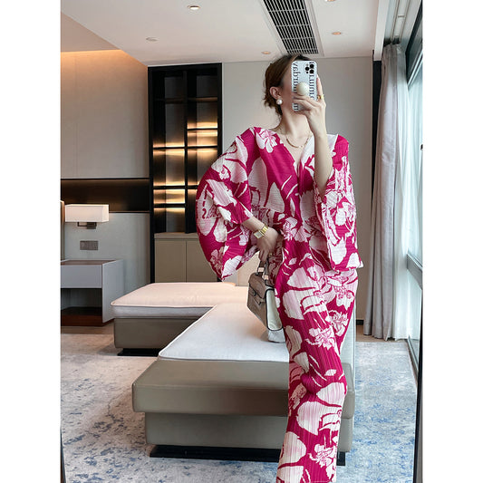 Miyake autumn new long printed loose v-neck slim and thin pleated dress temperament high-end long dress